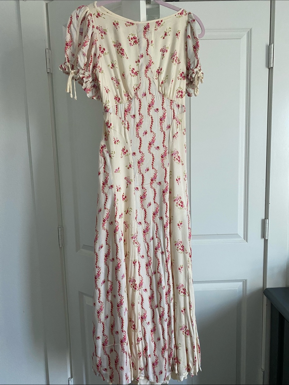 Free people-Cream Maxi Dress with Pink Floral Print and Ruffle Sleeves